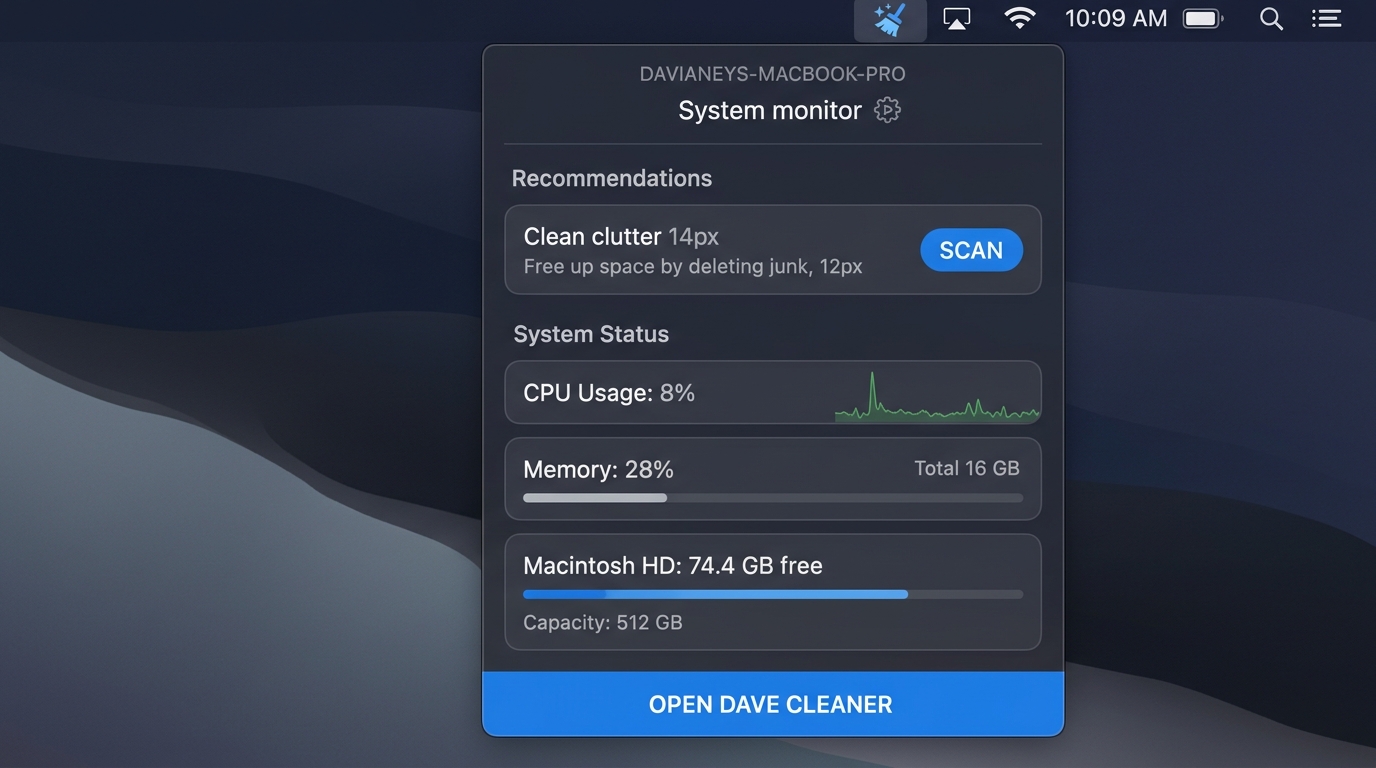 Dave Cleaner Live Menu Bar Companion popover system monitor