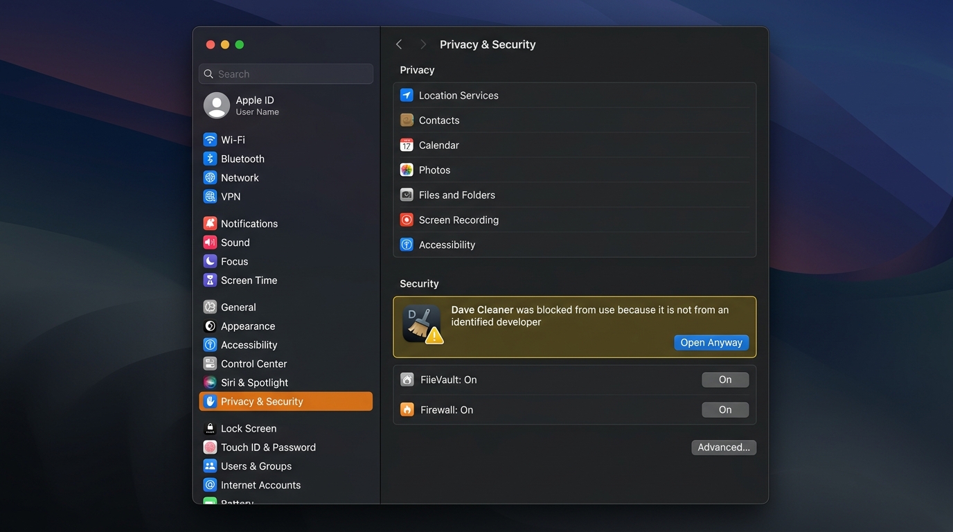 macOS System Settings Privacy and Security Open Anyway prompt
